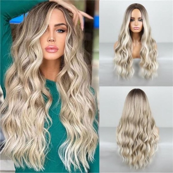 Ombre Blonde Wig Long Wavy Wig For Women Middle Part Wavy Wigs Synthetic - Picture 1 of 8